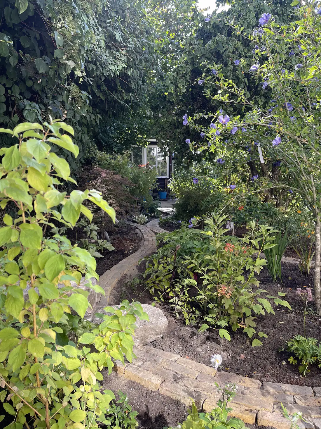 A curving brick path leading through deep planted borders towards a garden building